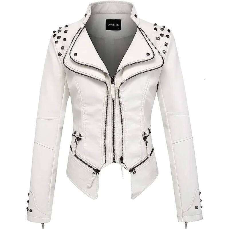 Spring and Autumn Women's New Lapel Rivets Decorated Waist Short Washed PU Leather Jacket