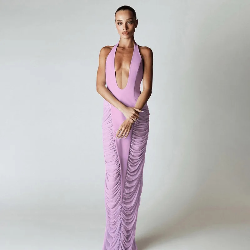 VEITCHE Summer Women Halter Deep V Neck Sexy Maxi Purple Dress Gown Patchwork Mesh High Waist Ruched Club Party Long Dress 250604
