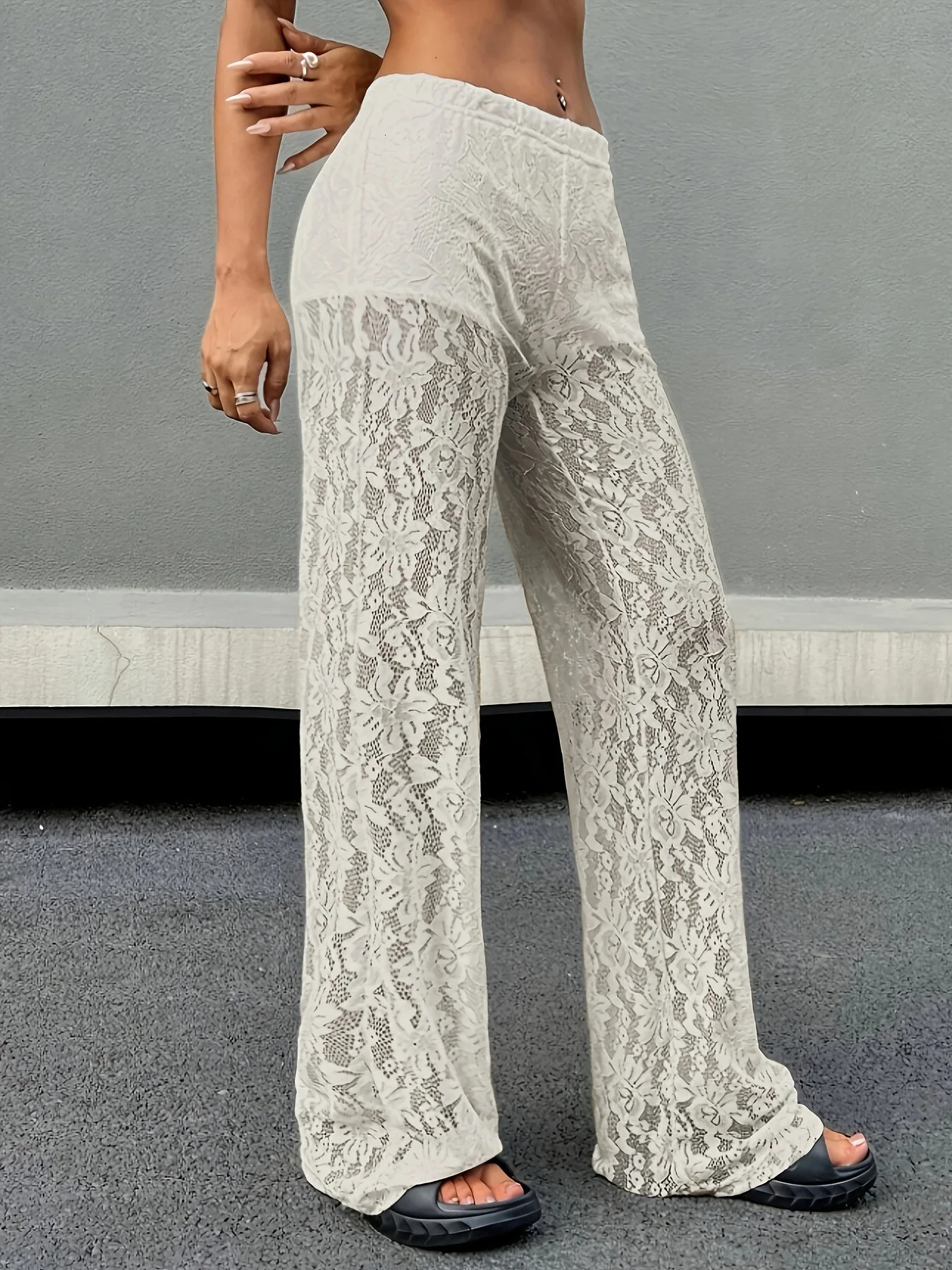 Fashionable and Sexy Versatile Waist Collection Lace Jacquard Micro Transparent Straight Leg Casual Pants Long Pants 250604