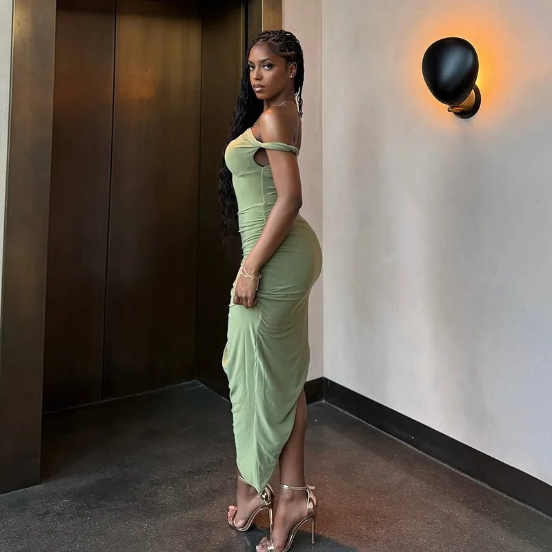 VEITCHE Summer Elegant Women Strapless Shirring Maxi Dress Sexy Wrap Chest Split Irregular Party Bodycon Dresses Holiday 250604