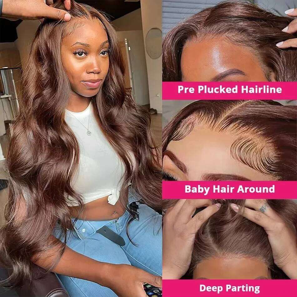 #4 Chocolate Brown Body Wave 18-46 Inch Front 13x6 Lace Frontal Wig 100% Pre Plucked Colored Human Hair Wigs
