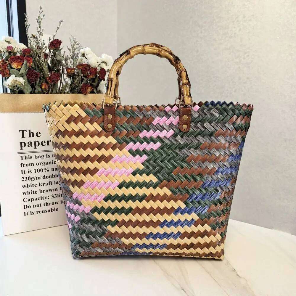 Women's Bags Designer New Retro Colorful Wicker Woven Large Capacity Bamboo Handle Casual Shopping Tote Straw Summer Vacation Beach Bag