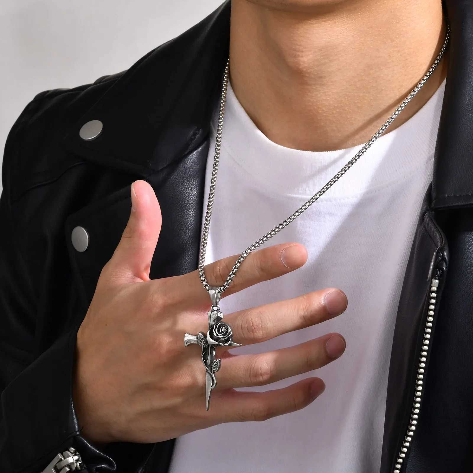New Gothic Punk Rose Flower Necklaces for Men Hip-hop Silver Color Retro Cross Pendant Collar Jewelry Decoration Gifts Wholesale XJ250604
