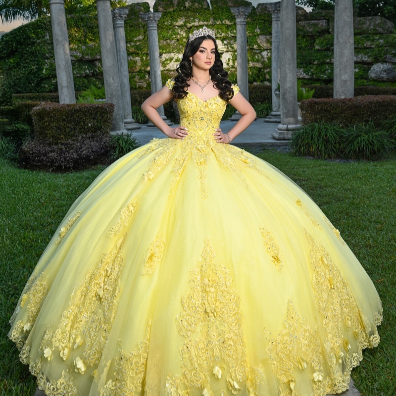 Yellow Shiny Quinceanera Dresses Ball Gown Off The Shoulder Applique Flower Beads Tull Sweet 16 Dress Vestidos 15 De Anos