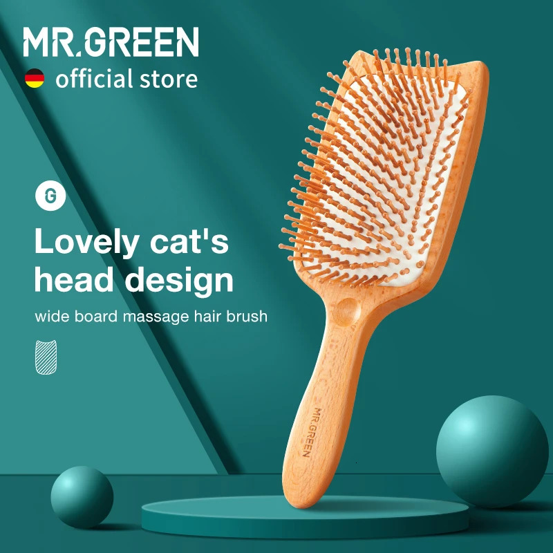 MR.GREEN Hair Brush Wide Board Massage Natural Beech Cats Head Comb Gasbag Hairbrush For Dry Wet Hair Detangler Women 250603