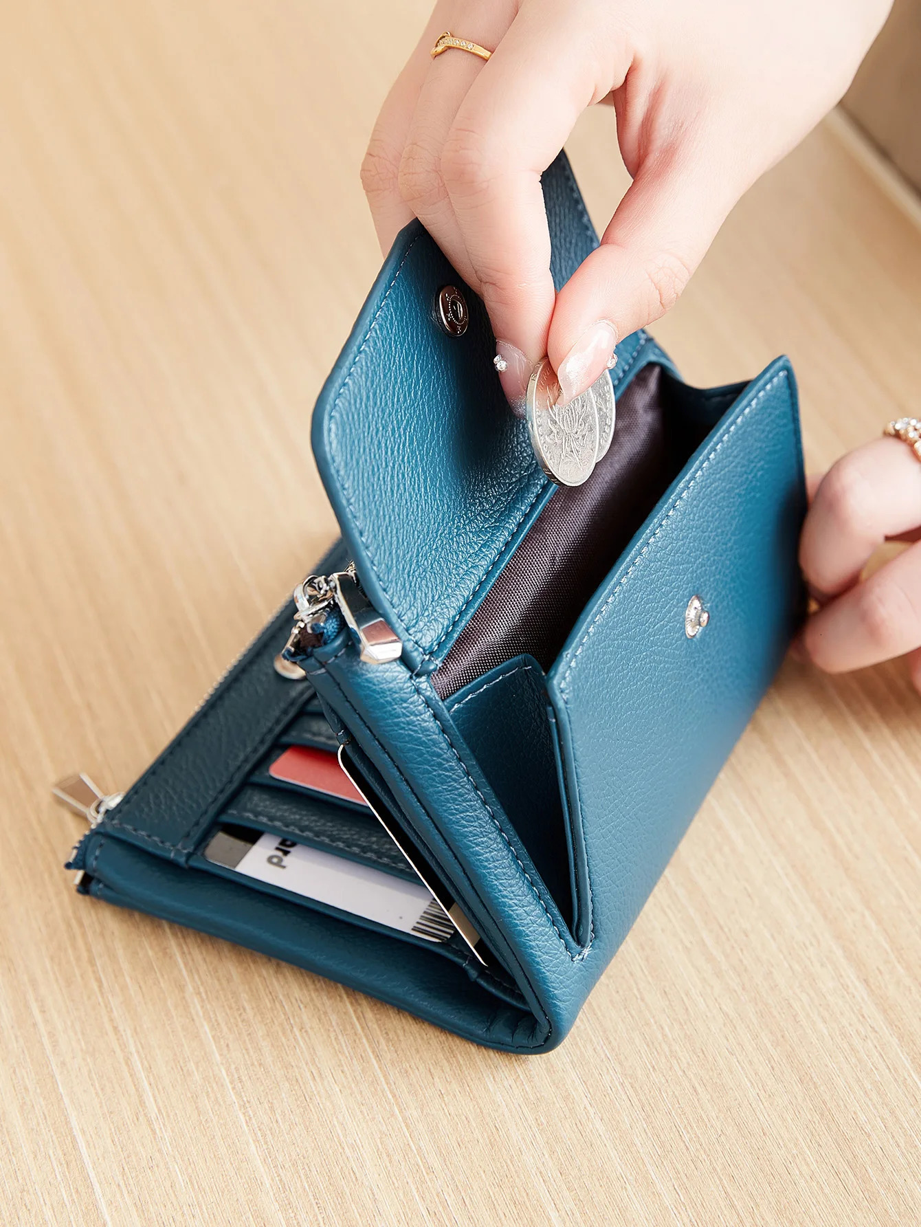 Womens wallet PU leather short double zippered simple solid color large capacity credit card holder bag with coin pocket 250605