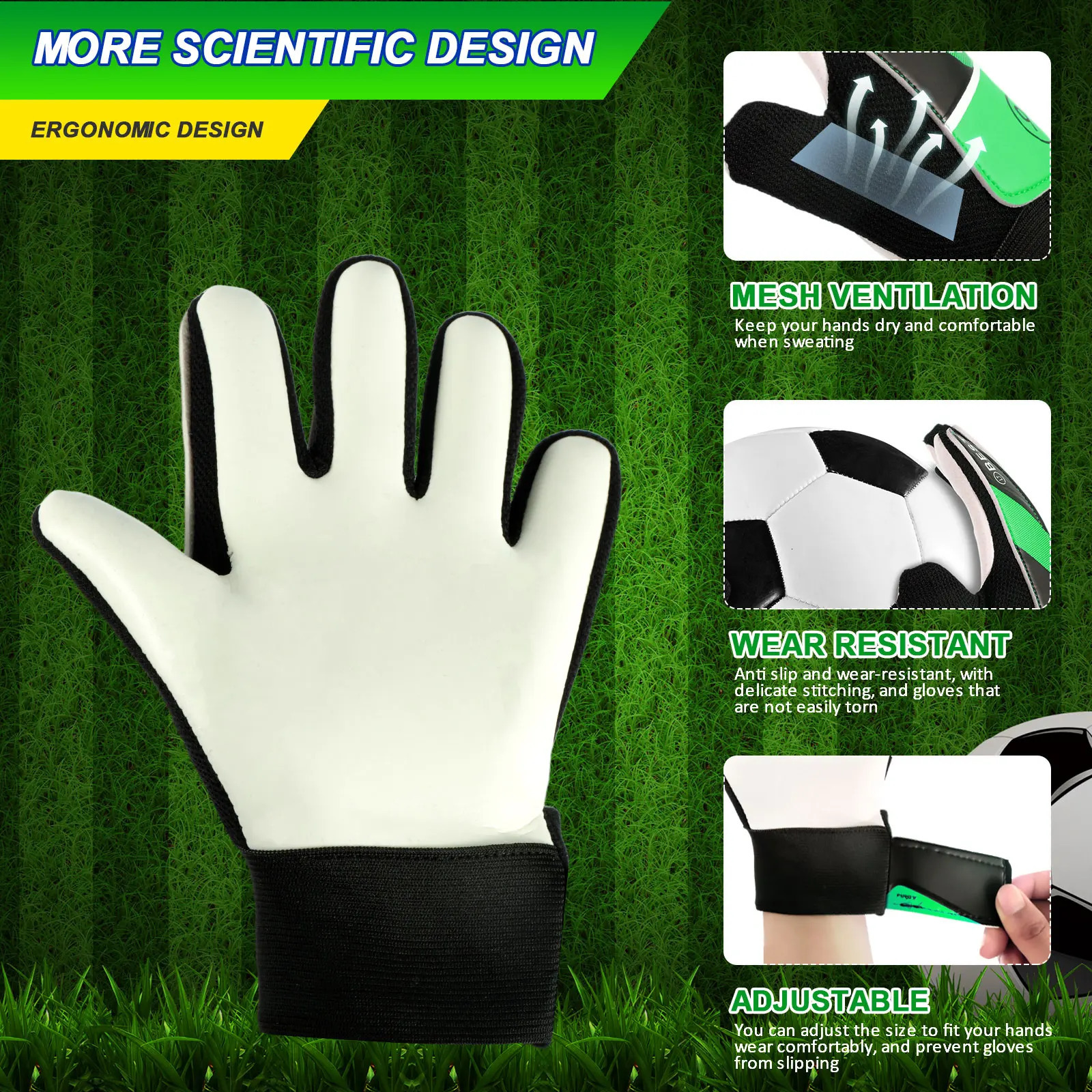 2Pcs Kids Soccer Goalie Gloves 5/6/7 Size Adjustable Wrist Strap Training Gloves Latex Goalkeeper Gloves Anti-Slip Full Finger 250605