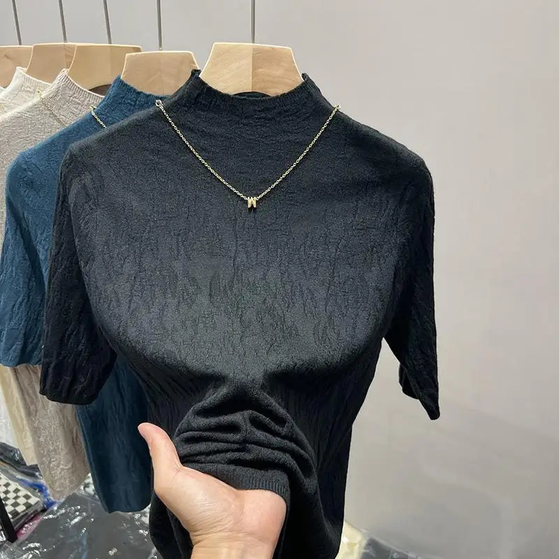 2025 Knitted Halfturtleneck Pullover Bottom Shirts Sweater Jumper Elegant Korean Fashion Short Sleeved Tops Knitwear 250530
