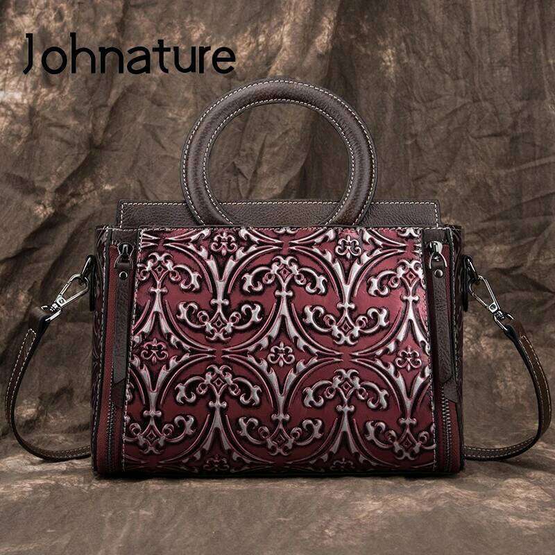 Johnature Bag Genuine Leather Retro Women Handbag 2025 New Handmade Eming Cowhide Floral Shoulder & Crossbody Bags 2025/06/05