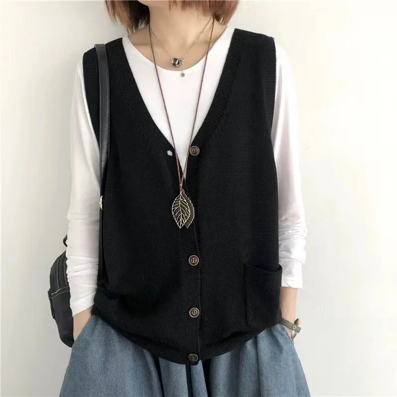 Lucyever Vintage Arts Style Knitted Vest Female Solid Color Sleeveless Button VNeck Waistcoat Women Casual Loose Knitwear Coats 250530