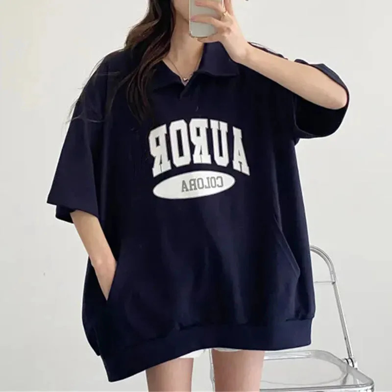 Summer Women Short Sleeve Sweatshirts Harajuku Streetwear Fashion Letter Printed Female Turndown Collar Hoodies Loose Pullovers 250604