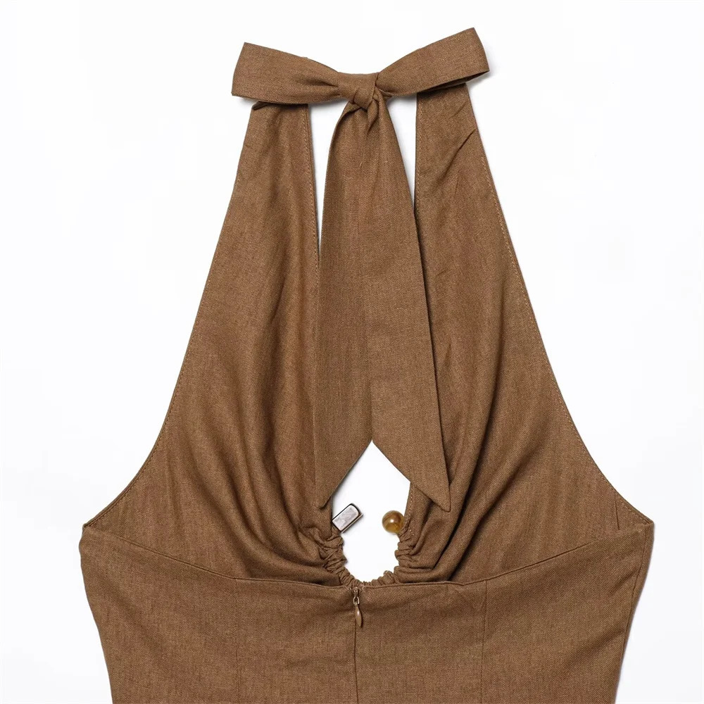 UNIZERA Womens Summer Product Fashionable and Sexy Buckle Decoration Midi Hanging Neck Collar Bareback Dress Long Skirt 250604