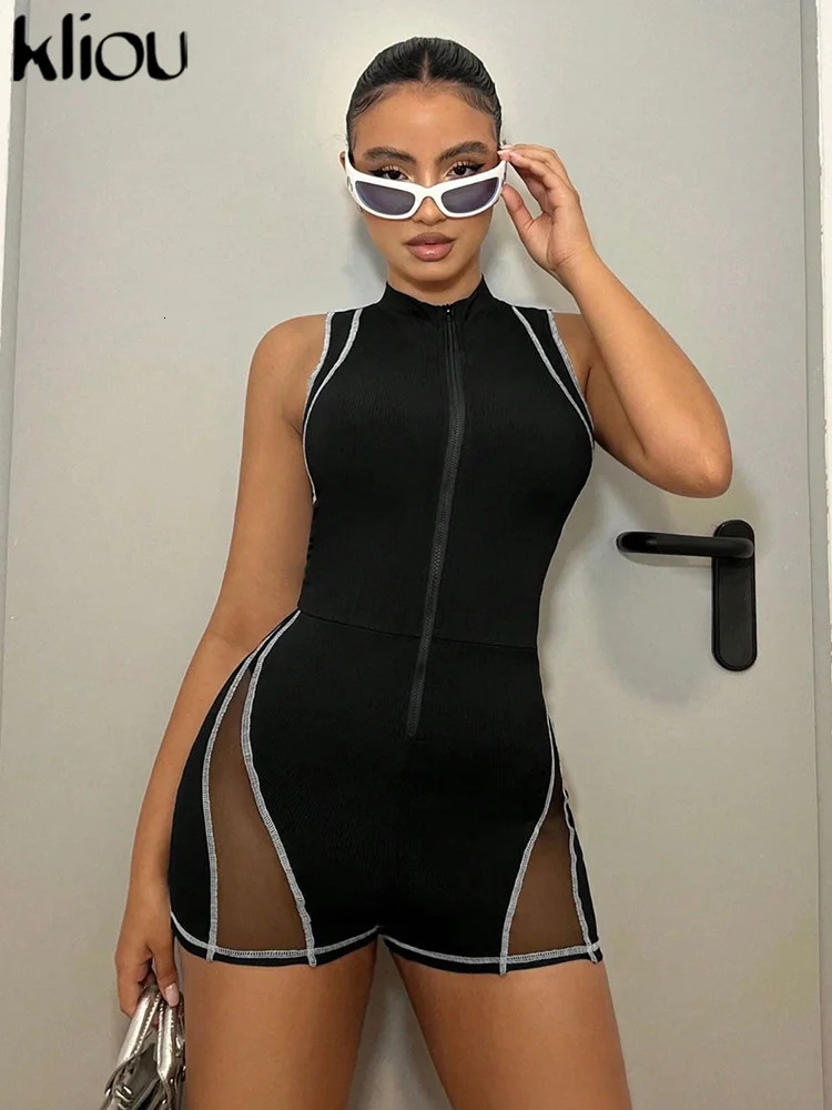 kliou Fashion Mesh Patchwork Playsuits Women Striped See Through Zipup Oneck Sheath Fit Rompers Female Casual Summer One Piece 250604