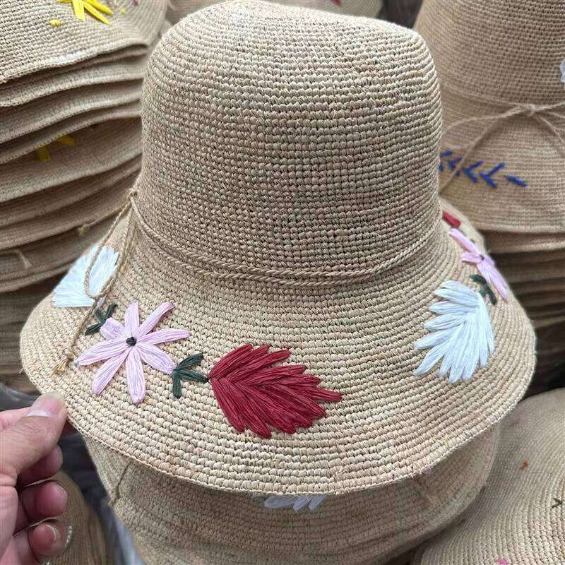 Custom Handmade Crochet Women Embroidery Flower Beach Sun Foldable Bucket Straw Hat