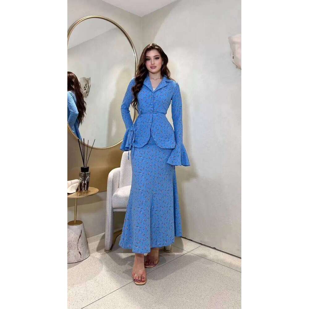 Muslim Ramadan Women Two Pieces Set Dress Lace Up Tops Skirt Suit Dubai Abaya Arab Kaftan Islamic Turkey Casual Print Suits