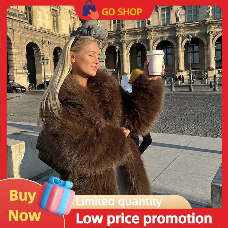 Brown Women Faux Fur Coat Vintage Loose Long Sleeve Fluffy Short Coats 2025 Autumn Winter Female Elegant Commuter Outwear