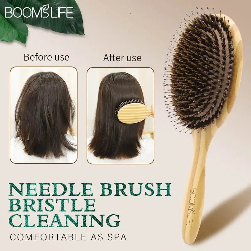Boar Bristle Hair Brush Women Wood Bamboo HairBrush Professional Curly Airbag Scalp Brush Comb for Hair Beauty Care Salon Tools 250603