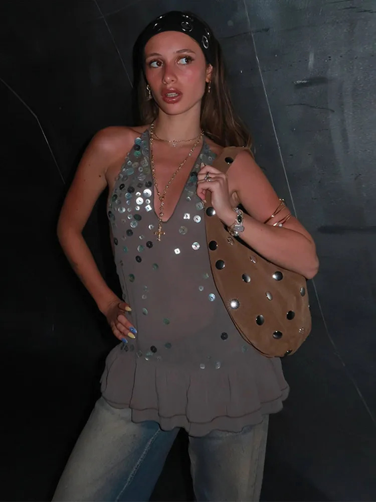 Sexy Sequin Short Dress Women Halter Lace Up Sleeveless Backless Ruffle A-line Dresses Female 2025 Spring Summer Chic Lady Robe 250604