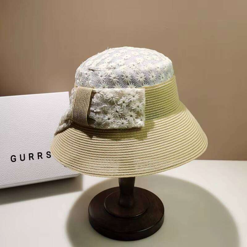 Leisure Sun Visor Straw Lace Floral Beach Bow Foldable Bucket Hat