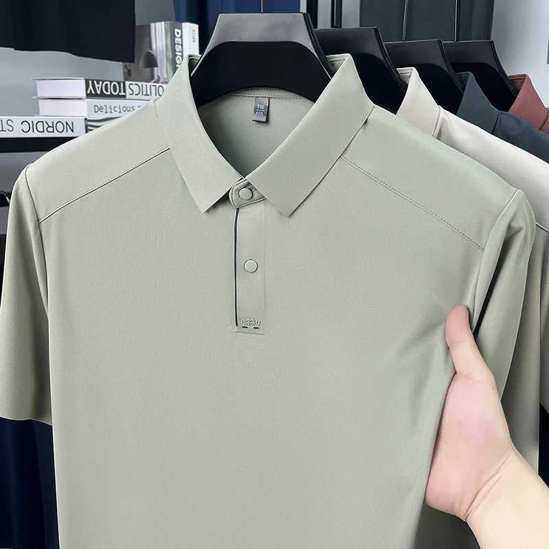 Luxury Summer Mens Non-mark Lapel Polo Shirt Business Casual Short Sleeve Cold Comfortable Solid Color Short Sleeve T-shirt TopXJ250605