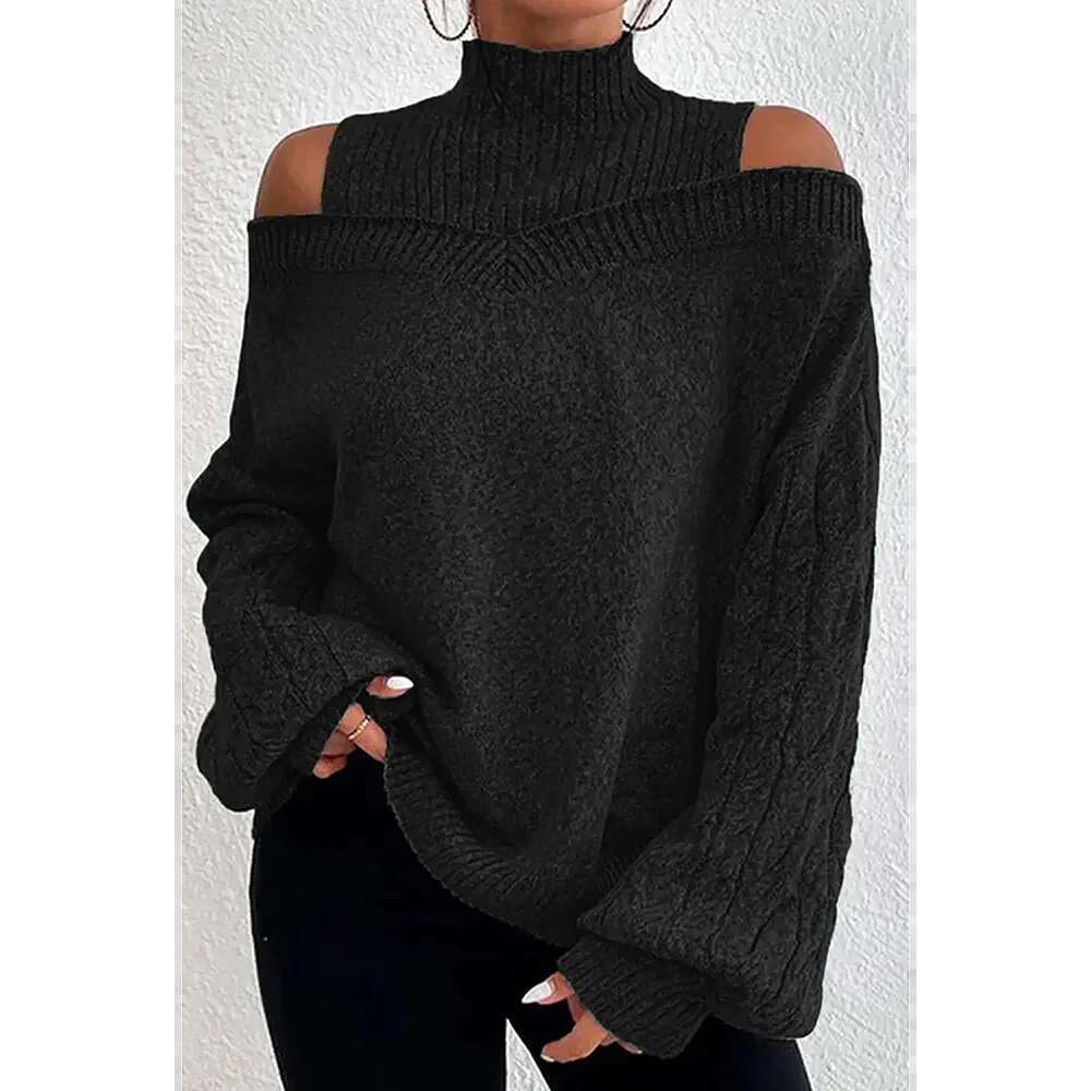 Plus Size Casual Black Cable Knit Lantern Sleeve Cold Shoulder Sweater