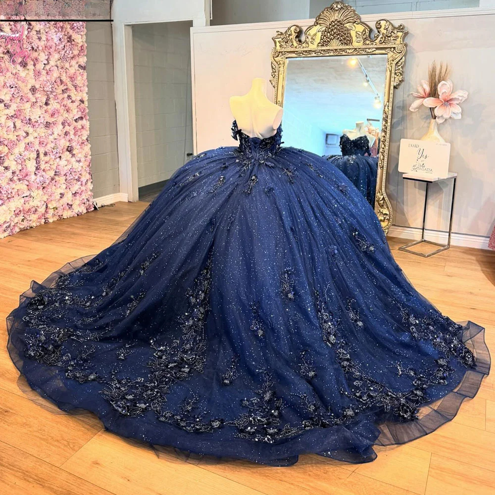 Glittering Navy Blue Quinceanera Dress 3D Flowers Gold Appliques Vestidos De Fiesta Lace Birthday Party Evening Dresses Off the Shoulder