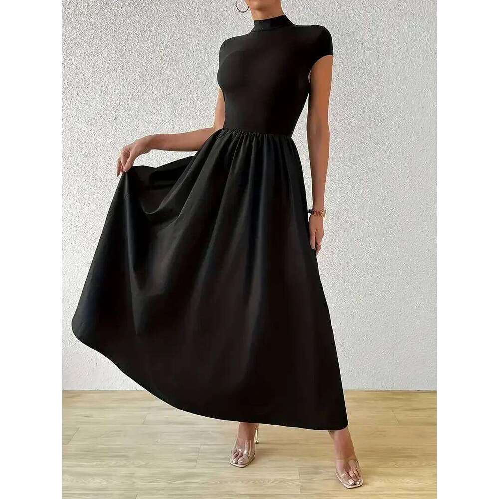 Plus Size 1XL-5XL Women's Casual Solid Color Crew Neck Short Sleeve Elegant Fit Flare Long Dress for Everyday Wear