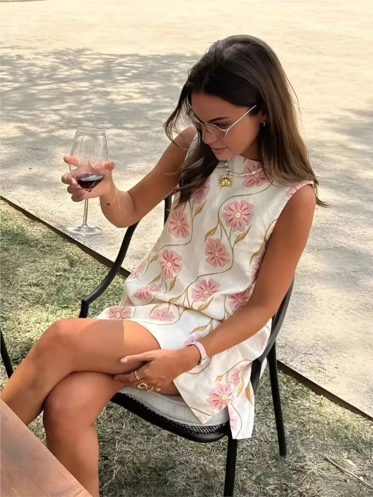 TRAF Print Short Dress Spring Prairie Chic Sleeveless Womens Loose O Neck Simple Midi Casual Lady Dresses 250604