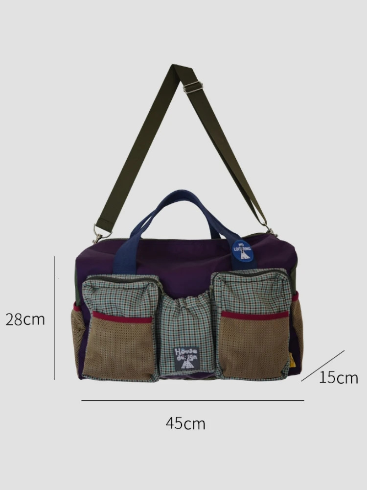 Fashion Korean Style Plaid Purple Womens Nylon Travel Bag Large Capacity Lightweight Waterproof Handheld Fitness Shoulder Bag 250530