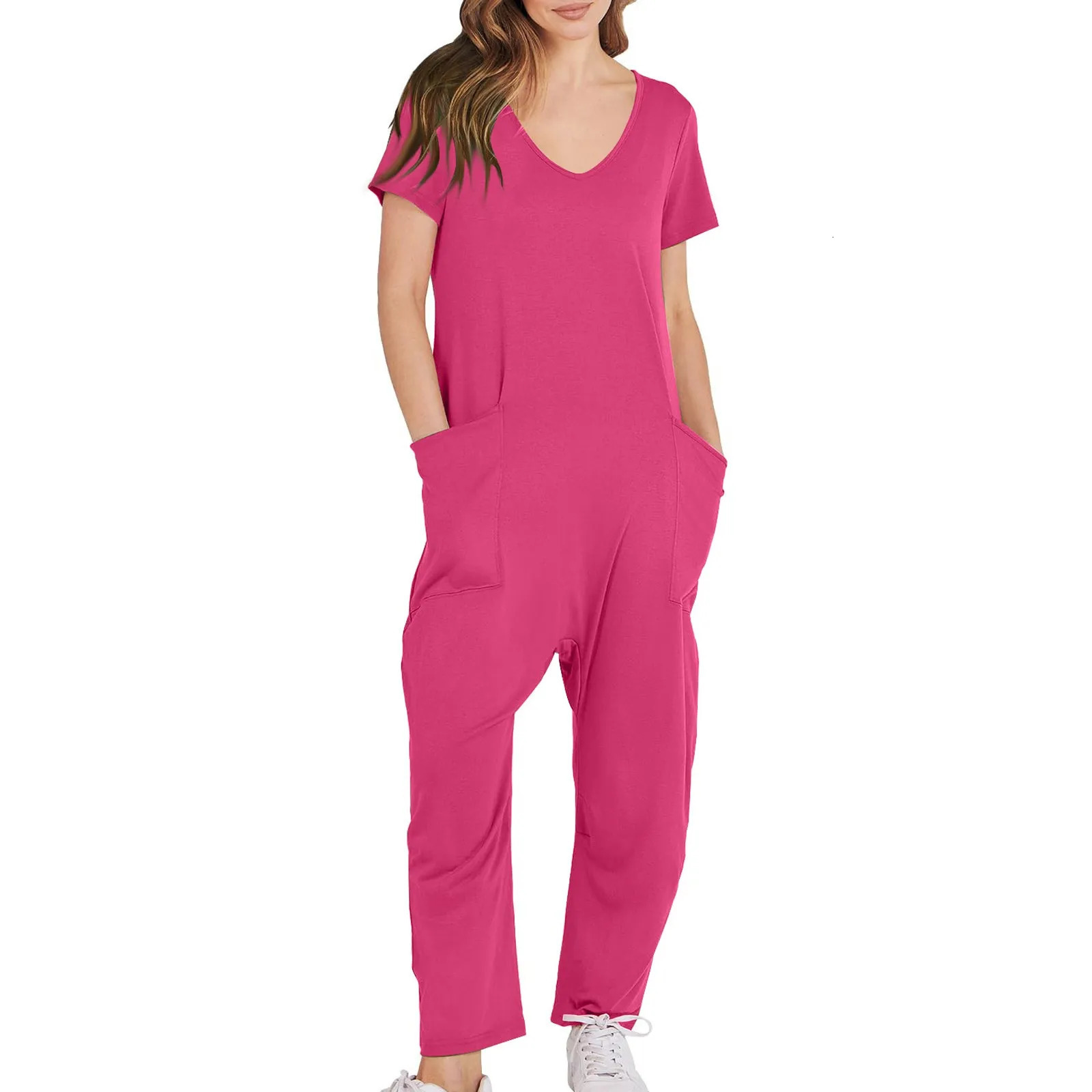 Womens Loose Solid Color Jumpsuit Short Sleeve VNeck Large Pocket Knitted Elastic Comfortable Home Clothing 250604
