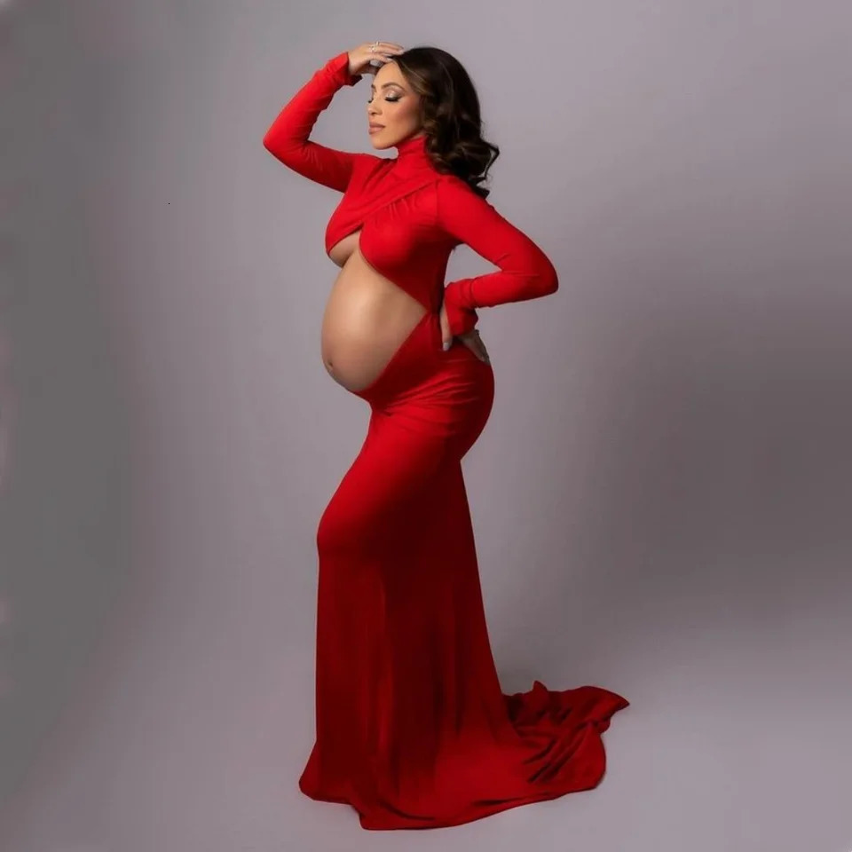 Full Sleeve High Neck Maternity Pography Outfit Bodycon Pregnancy Po Shooting Maxi Dress 250530