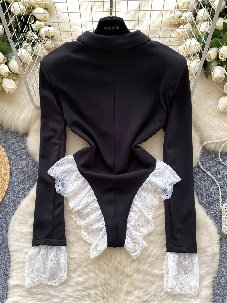SINGREINY Female Lace Spliced OL Sexy Bodysuits Autumn Long Sleeve Slim Playsuits Women Streetwear Open crotch Fashion Rompers 250603