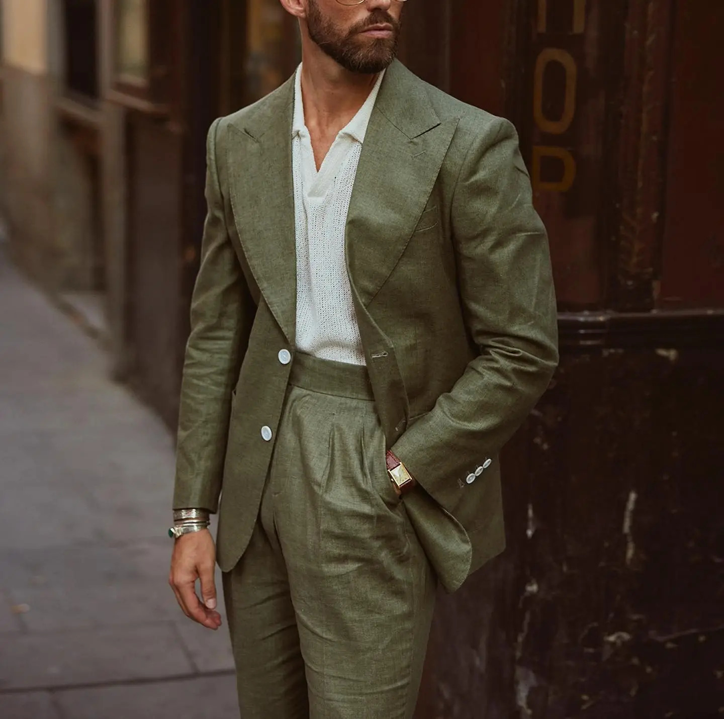Light Army Green Linen Blazer Trousers Mens Suit Breathable Summer 2Pcs Jacket Pants Suits Wedding Clothing Tailored Outfit 250605
