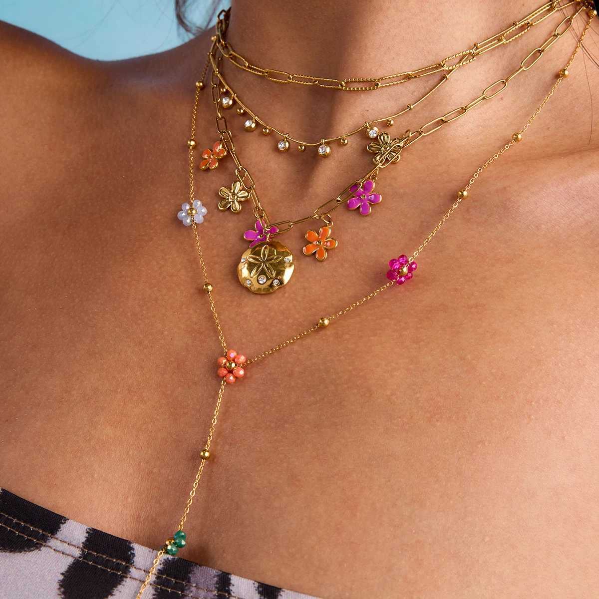 Zora Womens Holiday Style Colorful Oil Drop Flower Necklace 18K Gold-plated Stainless Steel Multi-Pendant Waterproof Jewelry XJ250604