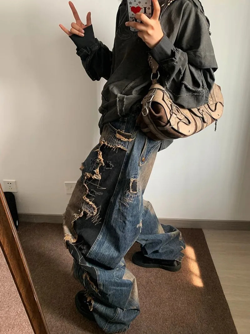 American Niche Heavy Industry Old Destructive Style Wash Jeans for Women Harajuku Fashion Retro Street Loose Casual Girl Jeans 250604