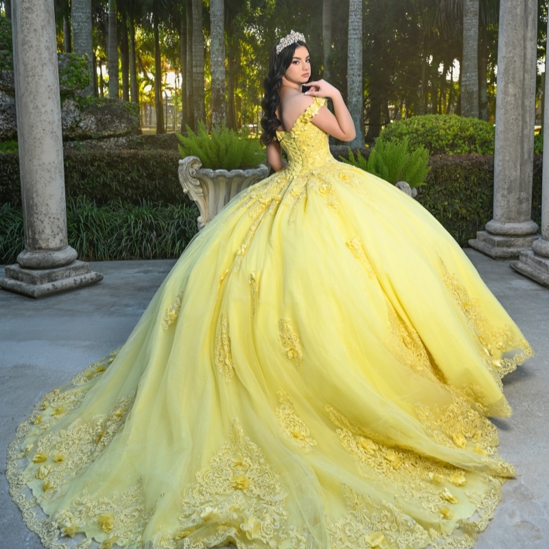 Yellow Shiny Quinceanera Dresses Ball Gown Off The Shoulder Applique Flower Beads Tull Sweet 16 Dress Vestidos 15 De Anos