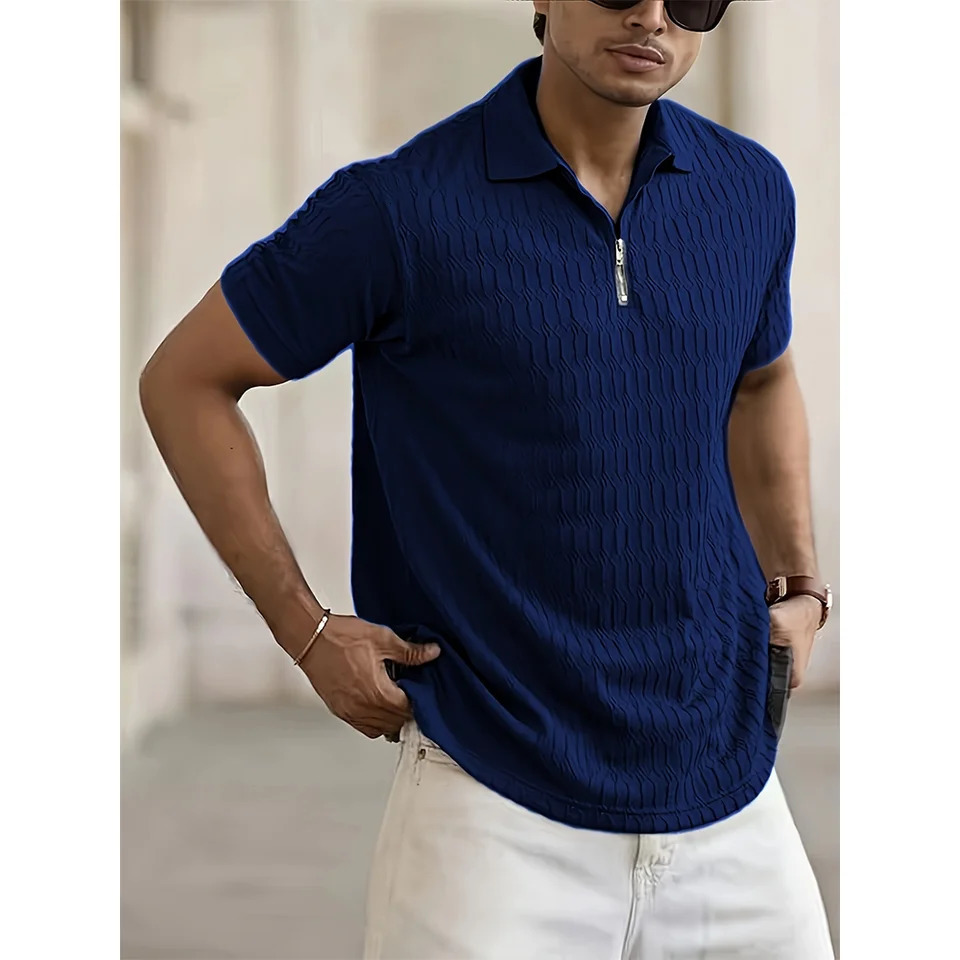 SpringSummer Mens Polo Shirt Checkered Pattern Zipper Decoration Lapel Solid Color Clothing Short Sleeve Tee 250527