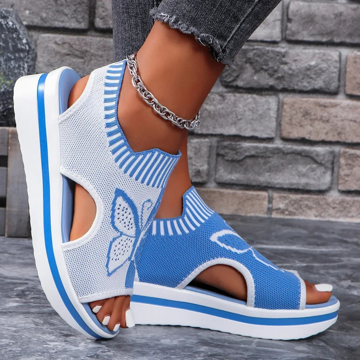 Summer Women Sandals Round Toe Platform Sole Mesh Single Shoes Casual Fashion Blue Butterfly Plus Size 250605