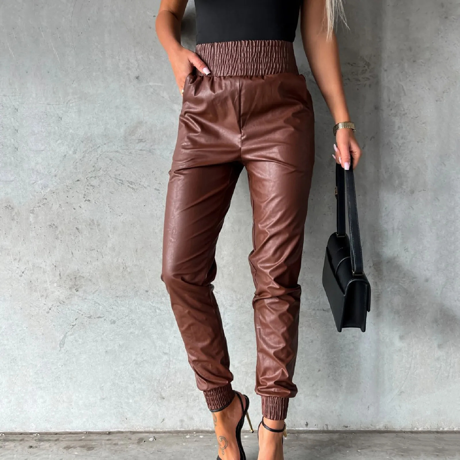 WomenS Elastic Waist Trousers Smocked Tapered Leg Pu Faux Leather Jogger Pants With Pockets Vintage Y2k Streetwear 250603