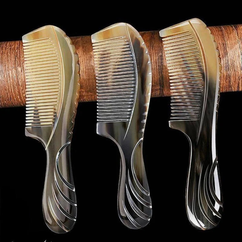 Natural Buffalo Horn Comb Fine Teeth Anti Static Massage Hair Comb with Thickening Round Handle for Head Health 250603