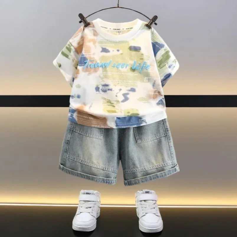 Best Fashion Korean Style Boys Summer Outfit 2PC T-Shirt Jean Shorts Dreams Come True Print Kids Clothes 2-10 Years Toddler Sets R250605