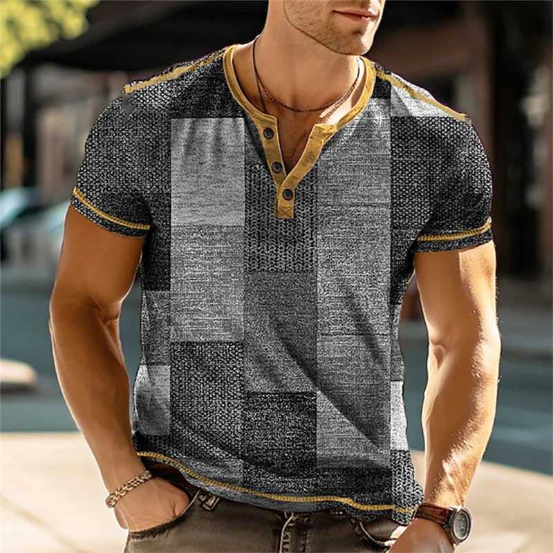 Henley Vintage 3D color block printed mens shirt retro short sleeved mens T-shirt oversized fashionable button top summer casualXJ250605