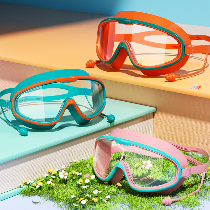 Children's Large Frame Swim HD Waterproof Anti-Fog Swimming Glasses for Students and Babies with Integrated Earplugs Diving Goggles