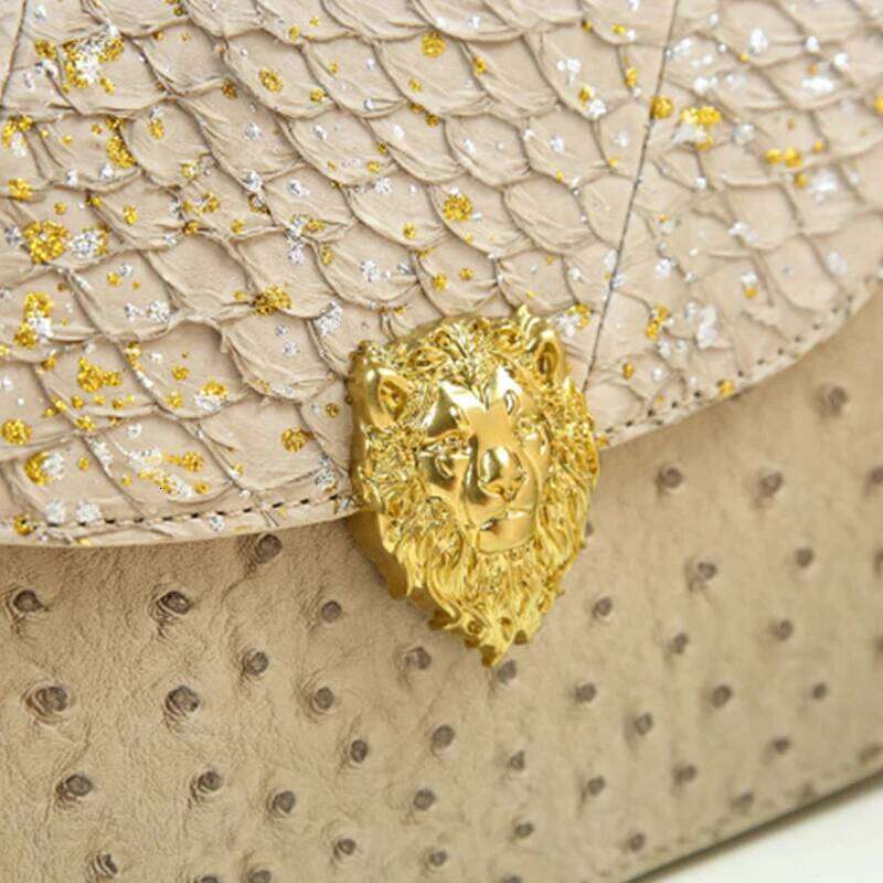 Lion Head Gold Handbag Brand Ostrich Pattern Fashion Design Genuine Leather Lady New Bamboo Handle Versatile Bag