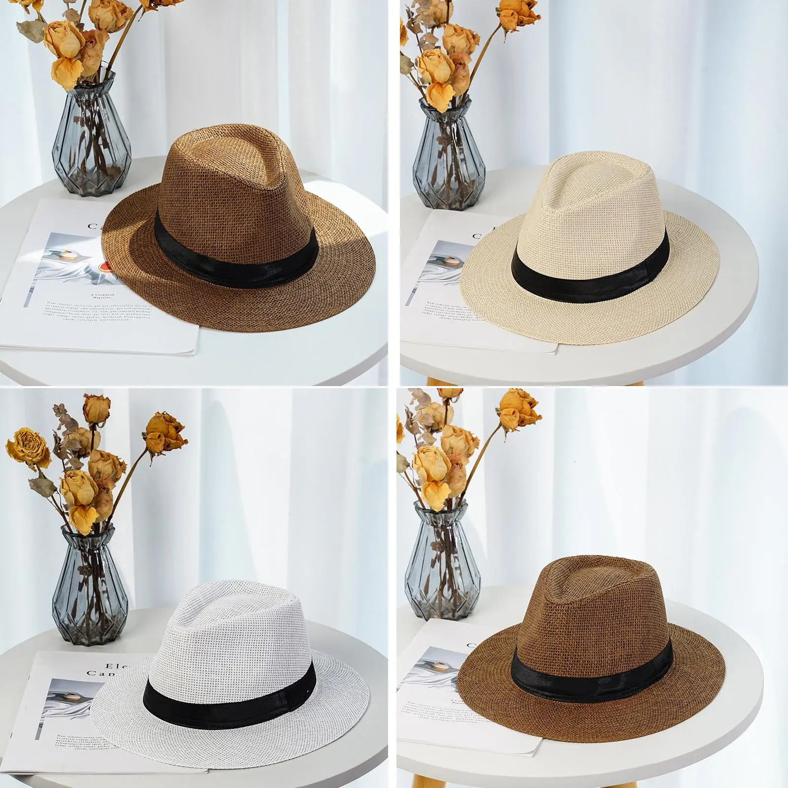 Fashion Men Natural Panama Straw Hat Summer Trendy Beach Sun Hats Solid Color Fedoras Ribbon Casual Cowboy Jazz Cap Gangster Cap 250605