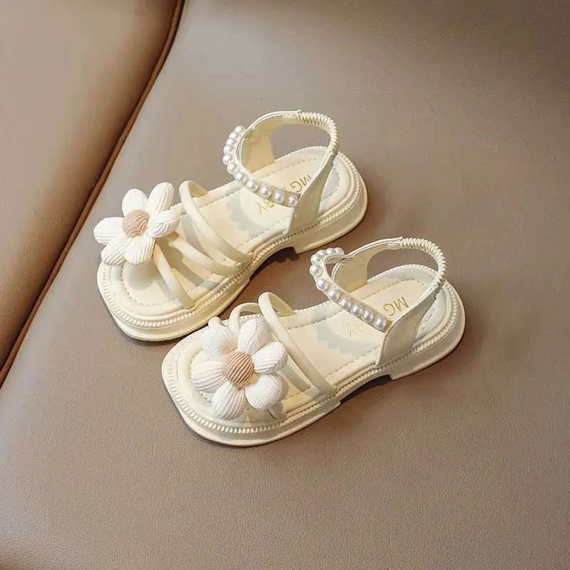 Sandals Childrens Girls Fashion Flower Pearl Sandals 2024 Summer Princess Breathable Non-Slip Sandals Flat Beach Soft Shoes for Kids z250708U378