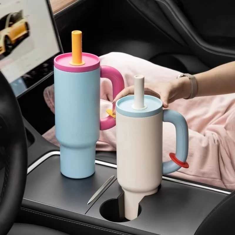 40oz 304 Stainless Steel Straw Insulated Ice Cup Large Capacity Thermal Mug Tumbler with Handle Stylish Insulated Coffee Cup X250605
