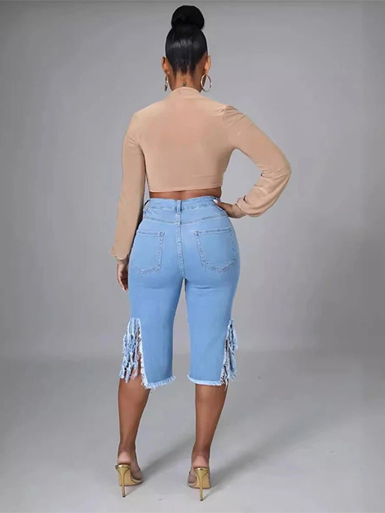 Knee Length Short Jeans Women Chic Washed Tassel Ripped High Waist Holes Denim Pants Spliced Pockets Skinny Distressed Streetwear 250604