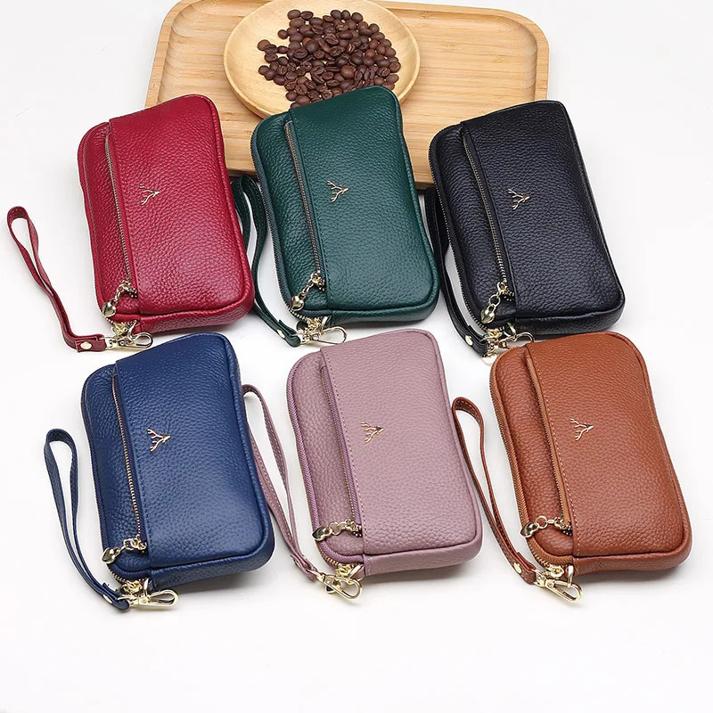 Genuine Leather Women Long Wallets Card Holder Clutch Bag Female Wrist bags Strap Solid Wallet ner Cowhide phone Purse 250605