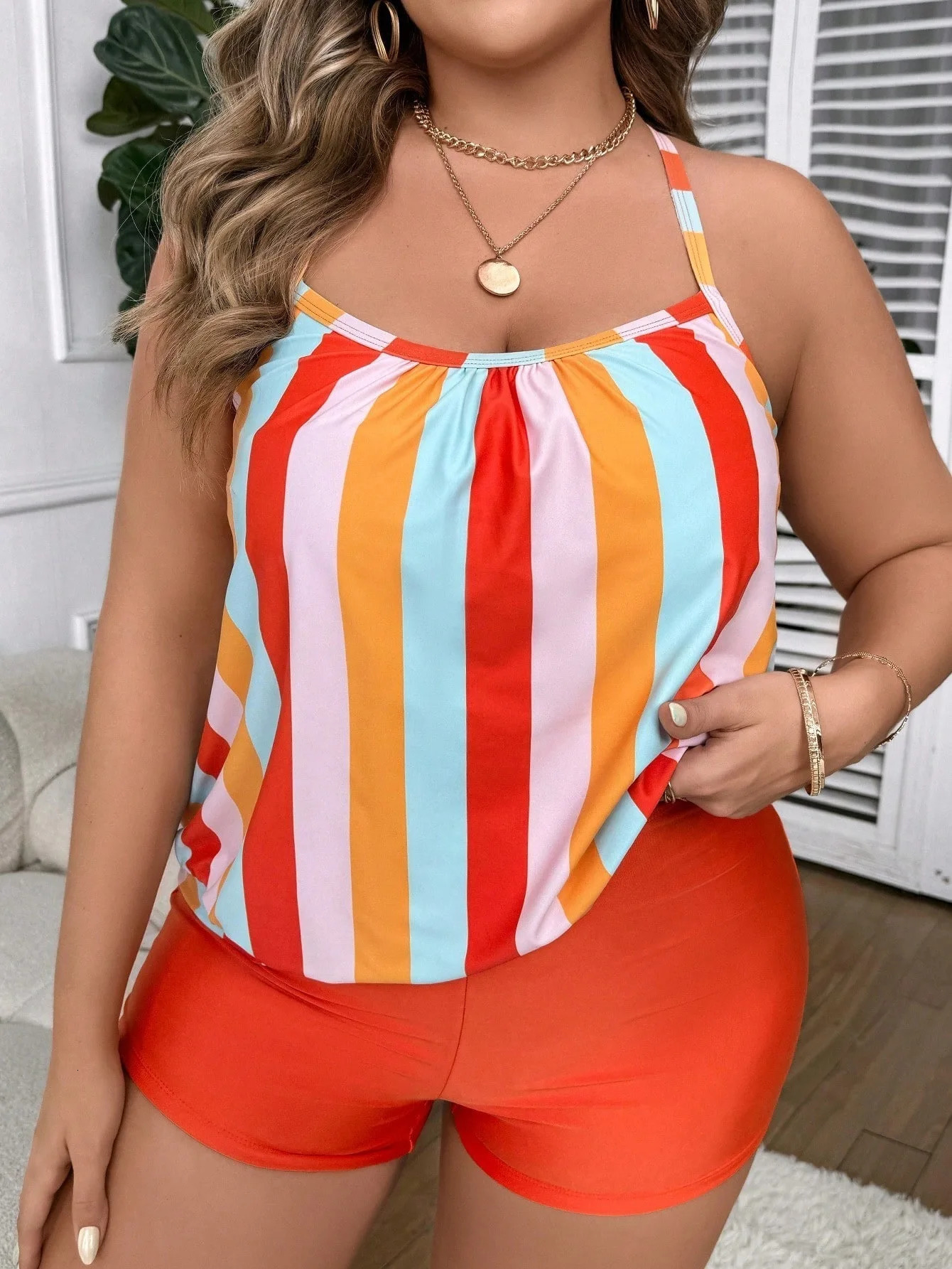 Plus Size Split Swimsuit for Women Flat Cornered Striped Printed Skirt Style Casual Y2k 250603